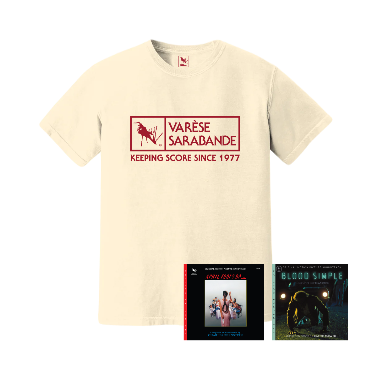 April Fools Day CD + Blood Simple CD + Varèse  Sarabande Logo Tee Bundle